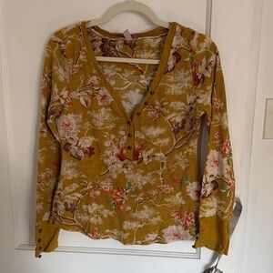 Pilcro womens large mustard yellow floral waffle thermal long sleeve henley